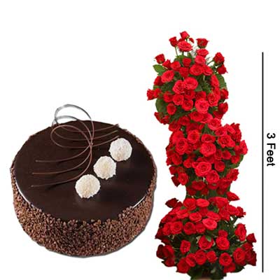 "Round shape Chocolate cake - 1kg, 100 Red Roses flower Arrangement - Click here to View more details about this Product